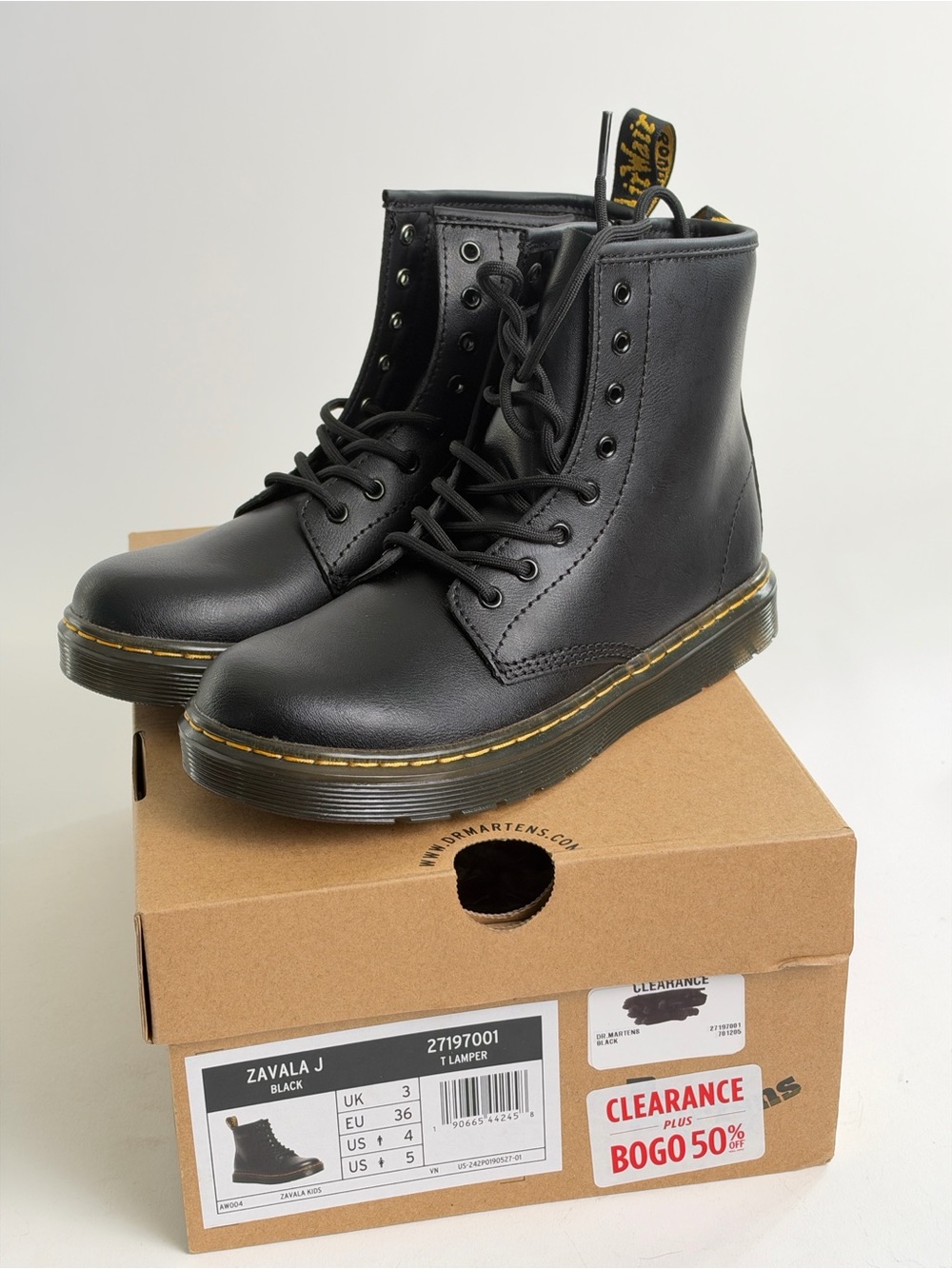Dr. Martens Black Kids Lace-Up Combat Boots with Yellow Stitching